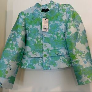 Beautiful! Abbey Glass Cropped Mandarin Collar Onassis Jacket: Green Abstract